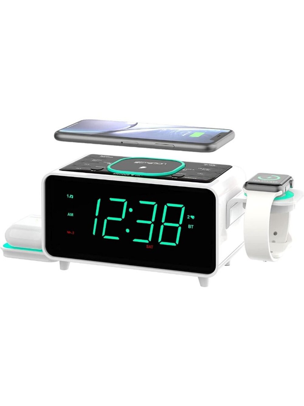 Dual Alarm Clock FM Radio with Wireless Charging, Bluetooth Speaker & USB